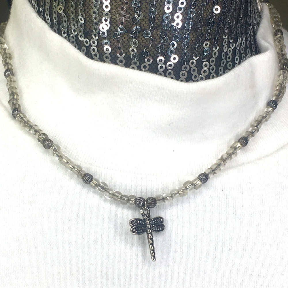 Artisan dragonfly necklace clear beads silver-tone 16”